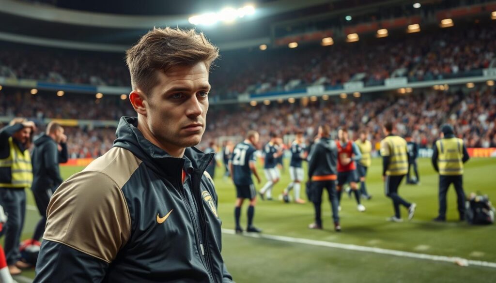 A dramatic scene capturing Jurrien Timber on the sidelines of a football pitch, visibly distressed after suffering an ACL injury. In the foreground, close-up of Timber's concerned expression, dressed in a professional sports jersey and warm-up jacket, his leg in a compression brace. The middle ground showcases the pitch filled with teammates and medical staff rushing to assist him. The background features a blurred stadium filled with fans, creating an atmosphere of tension and anticipation. The lighting is bright stadium floodlights casting sharp shadows, emphasizing the seriousness of the moment. A narrow depth of field draws focus on Timber while the chaos of the scene swirls around him, evoking sympathy and urgency.