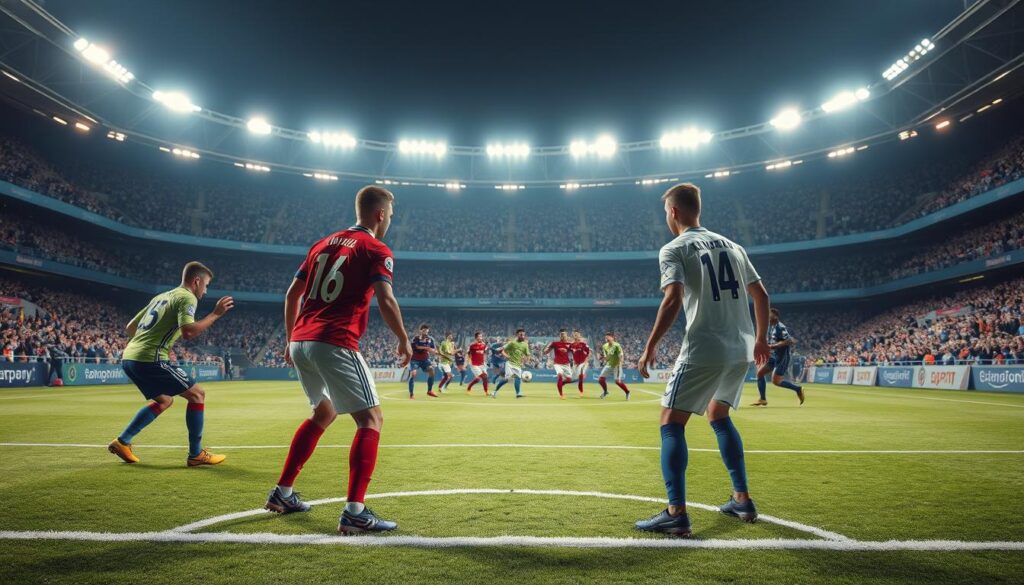 A dynamic football field scene illustrating the advantages of zonal marking, capturing the essence of strategic play. In the foreground, three defenders are positioned in a coordinated triangular formation, showcasing their alert postures as they monitor the movement of opposing attackers. The middle ground features a group of attackers attempting to penetrate the zone, highlighting the strategic challenge of zonal defense. The background depicts a vibrant stadium filled with cheering fans, under bright stadium lights that create a dramatic atmosphere. The image is captured from a low angle to emphasize the intensity of the game. The overall mood conveys a sense of strategy and teamwork, essential to effective zonal marking in football.