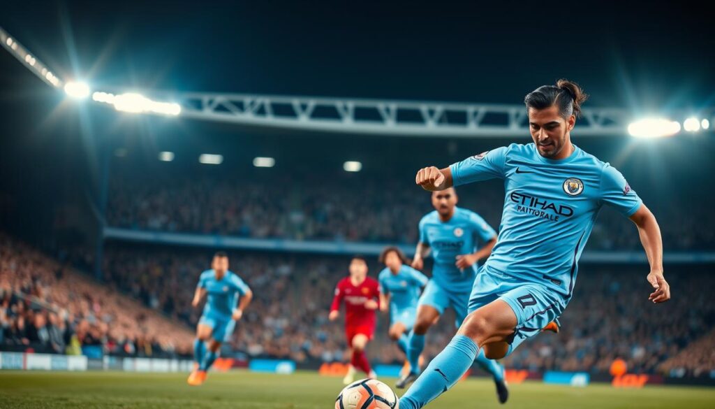 A focused, dynamic image of Matheus Nunes in a Manchester City jersey, showcasing him in action on the pitch. In the foreground, Nunes is skillfully dribbling a soccer ball, with a determined expression on his face. His jersey is vibrant blue, featuring the team logo on the chest, while he wears matching shorts and cleats. The middle ground captures fellow players positioned strategically, adding to the intensity of the scene. The background is a blurred stadium filled with enthusiastic fans, with bright floodlights illuminating the field, creating a dramatic atmosphere. The angle is slightly low, emphasizing Nunes' movements, as if caught in the heat of a critical match, evoking a sense of urgency and anticipation in the viewer. The overall mood is energetic and competitive, symbolizing the high stakes of professional football.