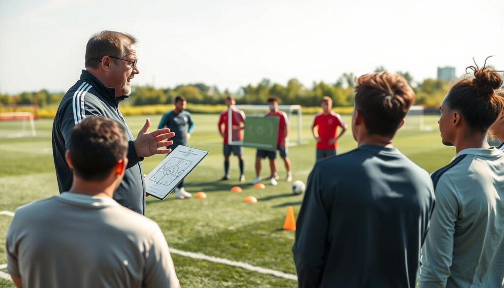 A top football coach, wearing a professional tracksuit and holding a tactical board, passionately demonstrates a zone marking strategy to a diverse group of attentive players on a practice field. The foreground includes the coach gesturing with enthusiasm, while players actively engage, showing determination and focus. In the middle, various training equipment like cones and goals are scattered, indicating an intense training session. The background features a bright, sunny day with a lush green pitch and boundary lines clearly marked. Soft, natural lighting enhances the scene, capturing the energy and intensity of training. The atmosphere is one of professionalism, collaboration, and strategic learning, evoking a sense of ambition and teamwork in the world of elite football coaching.