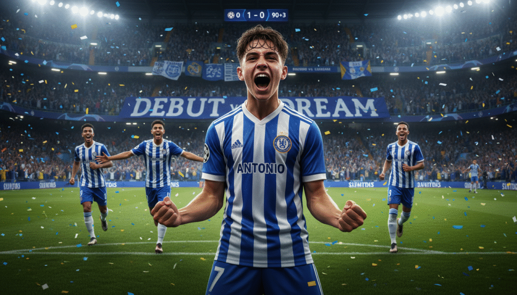 A young football player, age 16, celebrates on the pitch after making his debut in the UEFA Champions League. In the foreground, the player, wearing a professional football kit, radiates joy and determination with arms raised in victory. His features reflect a mix of excitement and focus, with sweat glistening on his brow under the stadium lights. In the middle ground, teammates rush towards him with grins, while the crowd in the background erupts in cheers, showcasing a sea of club colors. The stadium is illuminated by bright floodlights, casting dynamic shadows and enhancing the exhilarating atmosphere. The image captures a moment of triumph, embodying the dreams of young athletes in elite sports.