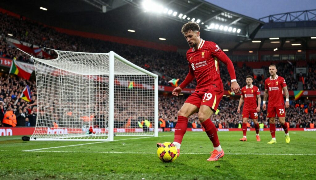 A dramatic scene from a high-stakes football match, capturing the moment when Liverpool players miss a golden opportunity to score. In the foreground, show a mid-action shot of a Liverpool player in professional athletic attire, with an intense expression, his foot just grazing the ball as it veers off-target. The player's teammates in the background exhibit a mix of disbelief and frustration. The middle ground features a blurred goalpost, emphasizing the wasteland of the empty net. The backdrop showcases a vibrant stadium filled with excited fans, colorful banners waving, under the dramatic lighting of bright stadium floodlights. A wide-angle perspective enhances the sense of urgency and tension in the atmosphere, conveying the heartbreaking moment of lost potential.