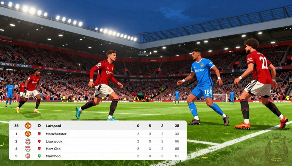 A vibrant illustration of a Premier League table showcasing Manchester United's rise after a crucial victory over Liverpool, with the table displaying their new ranking prominently in the foreground. In the middle ground, depict a dynamic soccer scene capturing the intense moment of the last-minute penalty kick, featuring players in stylish red and blue kits, showing focused expressions. The background should feature a packed stadium with cheering fans, a clear night sky, and stadium lights illuminating the scene, enhancing the atmosphere of excitement and drama. Use a wide-angle lens perspective to create depth and intensity, with bright, vivid colors conveying a sense of triumph and anticipation.